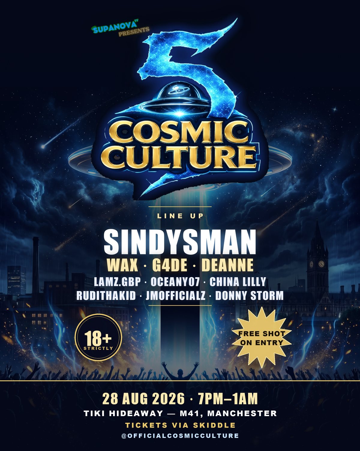 Cosmic Culture 5 poster — 28 August 2026, Tiki Hideaway, Manchester. Headliner Sindysman.